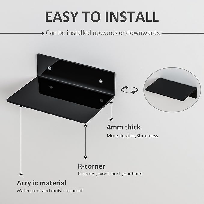9 Inch Black Wall Shelves 4 Pack, Acrylic Wall Mounting Ledges Display, Acrylic Display Wall Shelf for Funko Pop Figures, Collectibles, Plants, Décor, Toiletries, Spices Jars, 4 Pack-NeatNest