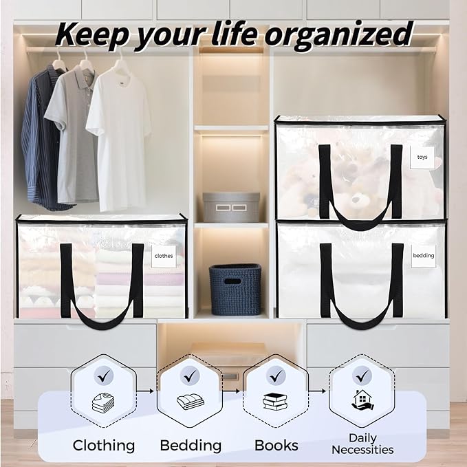 16 Pack Extra Large Heavy Duty Moving Bags, Clear Storage Bins with Lids, Reinforced Handles & Heavy-Duty Zippers Moving Boxes Storage Bags Totes for Clothes Packing, Dorms, College Supplies, Clear
