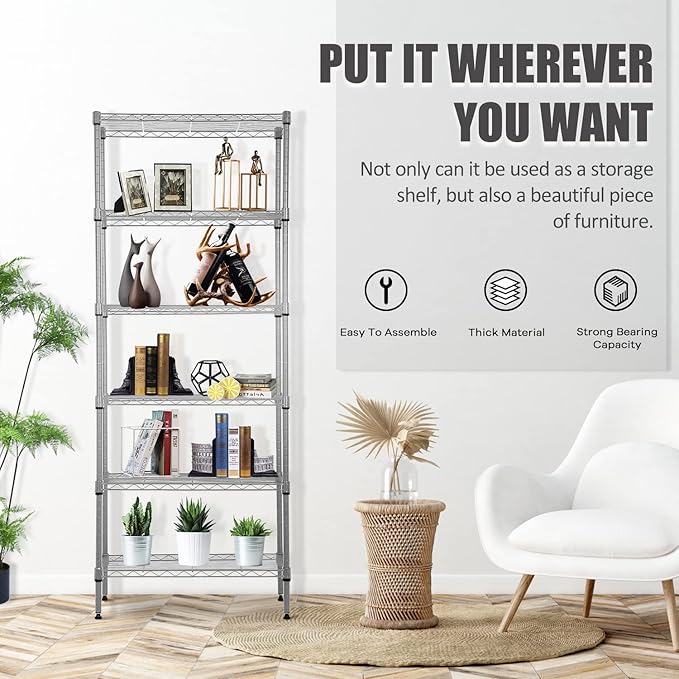 6-Tier Wire Shelving Unit Storage Shelves Metal Shelves 60"x23"x13" Heavy Duty Metal Storage Rack Wire Rack NSF Height Adjustable for Home Kitchen Bathroom Garage Shelving(Chrome)