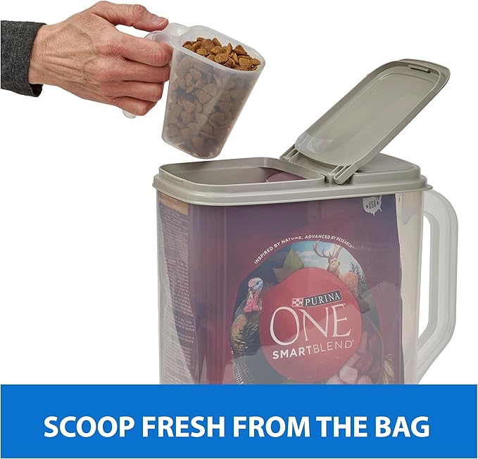 Buddeez Pet Food Storage Container - 8 Quart Capacity Dog / Cat Food & Bird Seed Container with Durable EZ Grip Handle, Flip Gray Lid (includes 1 Cup Clear Scoop)-NeatNest