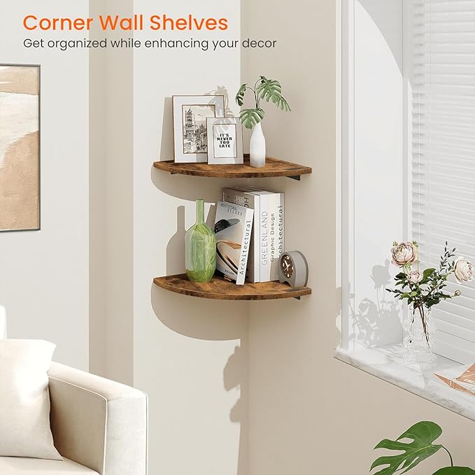Homode Corner Shelf Wall Mount, 12 Inch Wood Floating Corner Shelves with Cord Hole, Set of 2 Large Corner Hanging Shelves for Bathroom Bedroom Kitchen, Rustic Brown