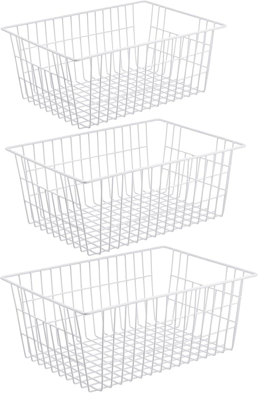 iPEGTOP Wire Freezer Stroage Baskets, 13.4 inch Set of 3 Farmhouse Storage Bins Basket Freezer Storage Organizer Bins with Handles for Kitchen Cabinets, Pantry, Closets, Bedrooms, Bathrooms- White