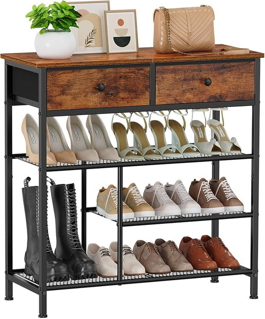 Snughome Shoe Rack for Entryway, 4 Tier Shoe Organizer with 2 Non-Woven Drawers, Shoe Storage Shelves with Sturdy Wooden Top and Metal Shelves, Shoe Stand for Closet-NeatNest