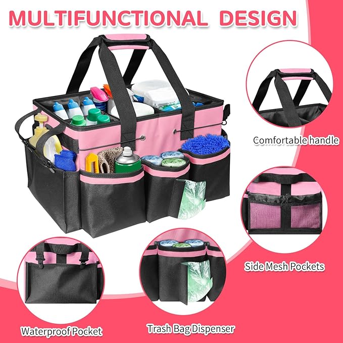 Boczif Cleaning Caddy Bag Wearable, Cleaning Caddy Supplies Organizer with Handle, Shoulder Straps & Detachable Divide, Cleaning Tool Organizers Tote Bag for Cleaners & Housekeepers(Pink)-NeatNest
