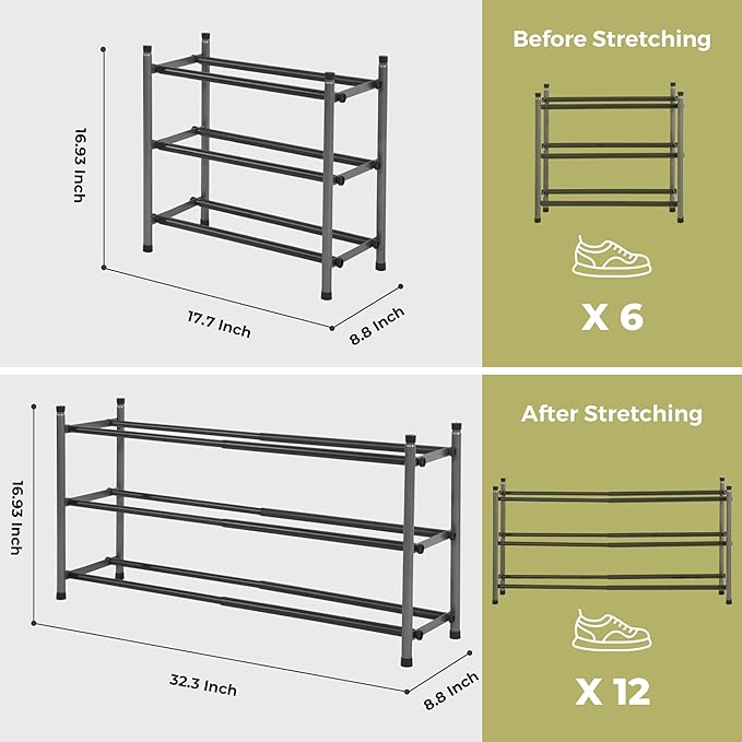 Shoe Rack, Expandable Shoe Storage Organizer for Closet, 3 Tier Metal Shoe Rack for Entryway, Adjustable Small Shoe Shelf for Front Door Entrance, Small Space, Garage-NeatNest