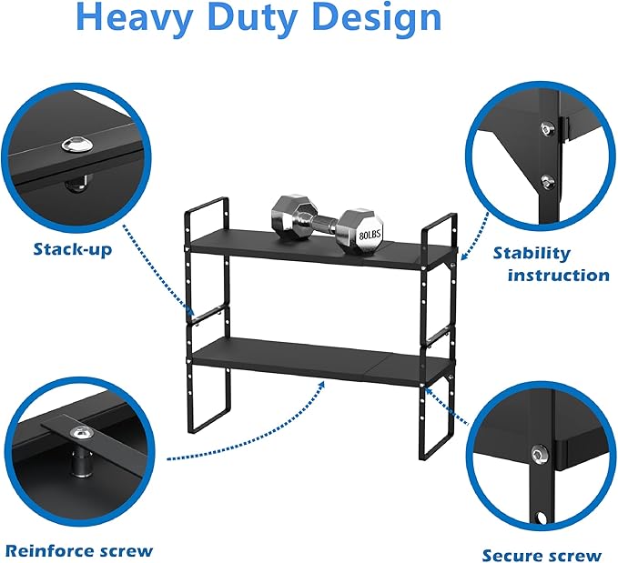 Slideep Adjustable Shelf Rack Height Cabinet Shelf 16.54'' to 27.17'', Expandable Cabinet Shelf Cupboard Stand Kitchen Bathroom Pantry Cupboard Home Office for Cups, Dishes, Plates - Black