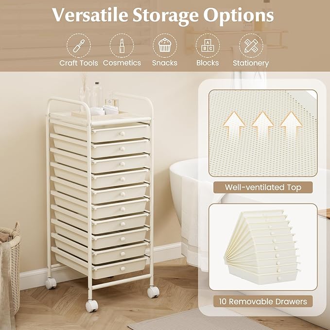 COSTWAY 10-Drawer Rolling Storage Cart, Utility Mobile Trolley with Removable Drawers & Universal Casters & 2 Brakes, Versatile Flexible Drawer Organizer Cart for Home, Office, White-NeatNest