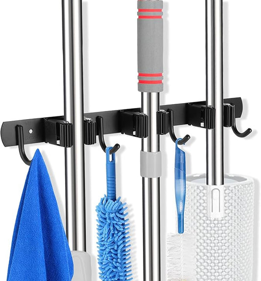 voze 3 Racks and 4 Hooks Mop and Broom Holder Wall Mount, Self Adhesive Heavy Duty Broom Organizer Storage Tool Racks for Kitchen Garden Laundry Garage-NeatNest