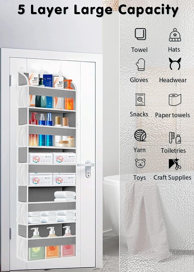 1 Pack Over The Door Storage Organizer with 5 Pockets 10 Mesh Side Pockets, 44 lbs Weight Capacity Door Hanging Organizers and Storage for Bedroom,Bathroom,Nursery,Pantry,Dorm(Light Gray)-NeatNest