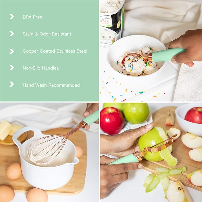 COOK WITH COLOR Kitchen Gadget Set Copper Plated Stainless Steel Utensils with Soft Touch Handles, Copper Mint, 7 Pieces-NeatNest