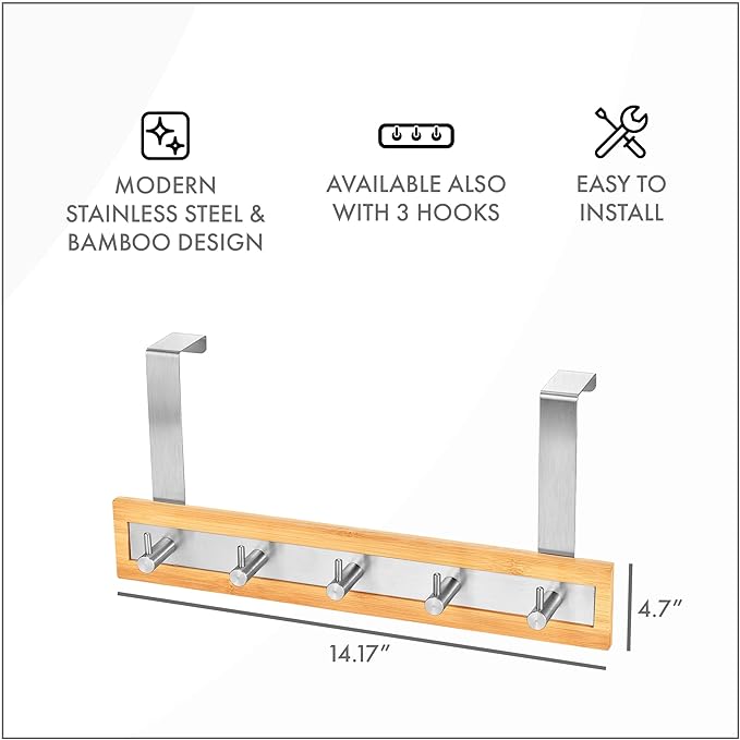 ToiletTree Products Bamboo Stainless Steel Over-The-Door Towel Hooks - Durable Coat, Clothes, and Towel Rack to Use in The Bathroom, Laundry Room, and Closet - 5 Hooks