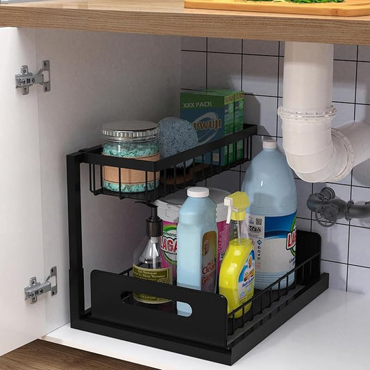 bukfen Under Sink Organizer, Pull Out Cabinet Organizer 2-Tier Slide Out Sliding Shelf Under Cabinet Storage Multi-Use for Under Kitchen Bathroom Sink Organizers and Storage-NeatNest