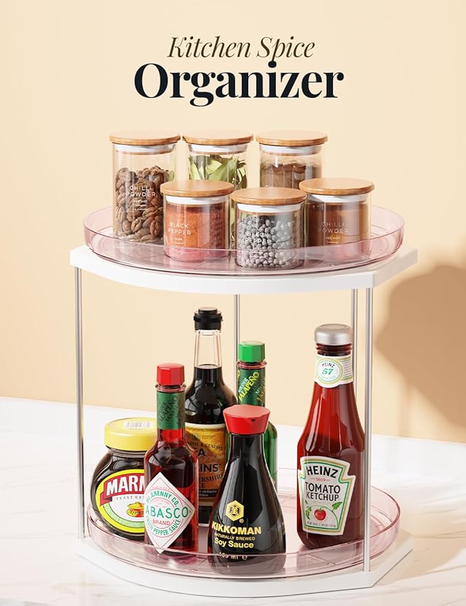 2 Pack 2-Tier Lazy Susan Turntable Organizer – 9.05” Rotating Spice Rack Organizer for Cabinet, Pantry, Tabletop & Counter – Clear Acrylic Lazy Susan for Kitchen, Bathroom & Vanity