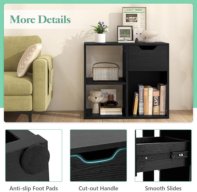 Giantex 3 Cube Bookcase with Drawer Set of 2, 2 Tier Bookshelf for Small Spaces, Modern Freestanding Display Rack with Open Shelves, Book Case, Wood Cube Storage Organizer Bedroom Living Room, Black