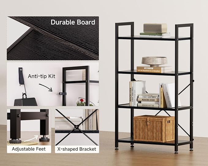 Casaottima Book Shelf, 4 Tier Bookshelf, Modern Wood Bookcase Shelves for Bedroom, Industrial Display Shelf for Living Room Home Office Kitchen, Standing Shelving Unit Storage Organizer, Black-NeatNest