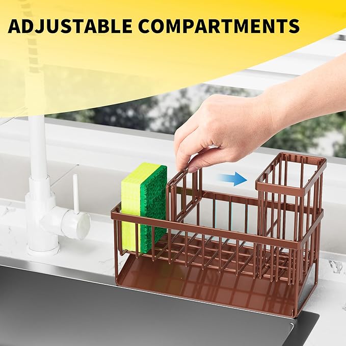 Cisily Kitchen Sink Caddy, Sponge Holder for Kitchen Sink, Kitchen Sink Organzier and Storage with High Brush Holder, Rustproof 304 Stainless Kitchen Gadgets Sink Accessories(Brown)-NeatNest