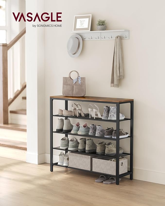 VASAGLE Shoe Rack, 5-Tier Shoe Storage Organizer with 4 Metal Mesh Shelves for 16-20 Pairs and Large Surface for Bags, for Entryway, Hallway, Closet, Industrial, Rustic Brown and Black ULBS15BX-NeatNest