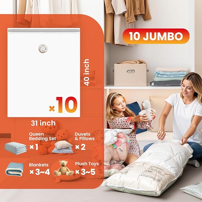 TAILI 10 Pack Vacuum Storage Bags, Jumbo Vacuum Seal Bags for Clothing (40x31 Inch), Space Saver for Bulky Bedding, Pillows, Blankets, Large Closet Organization and Storage-NeatNest