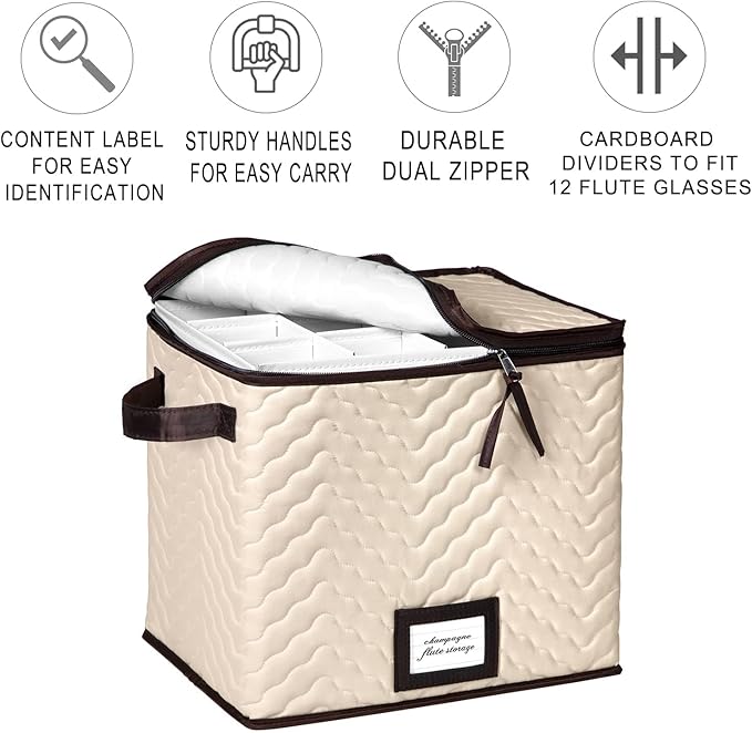 Champagne Flute Glass Storage Box with Dividers - Holds 12 Champagne Flute Glass up to 3" Wide - Stemware Storage Case - Protects Fine China - Durable Quilted Microfiber Bin with Carry Handles-NeatNest