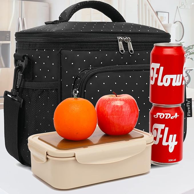 FlowFly Insulated Reusable Lunch Bag Adult Large Lunch Box for Women and Men with Adjustable Shoulder Strap,Front Zipper Pocket and Dual Large Mesh Side Pockets,Dot-NeatNest