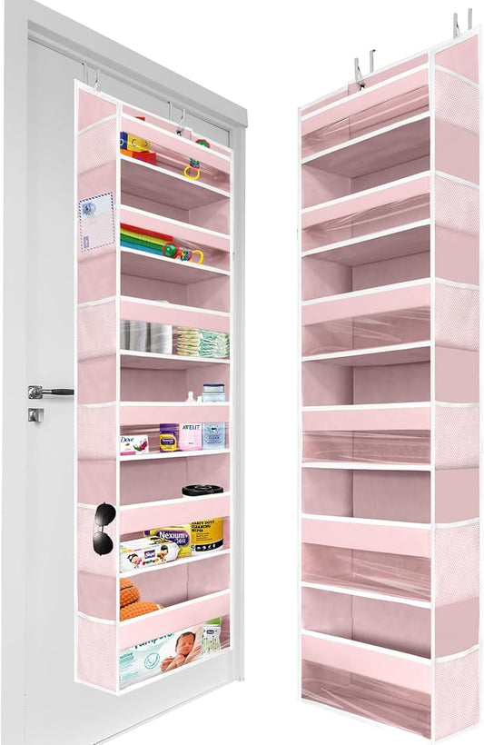HOMELUX THEORY 1 PC Heavy Duty Over the Door Organizer 55x14x6.7, 6 Large Front & 12 Side Pockets, Hanging Storage Closet Door Organizer for Bedroom, Bathroom and Baby Nursery Storage (Baby Pink)