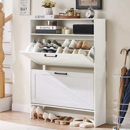 Shoe Storage Cabinet with 2 Flip Drawers,Farmhouse Narrow Shoe Organizer with Legs,Freestanding Hidden Slim Shoe Rack Cabinet with Open Storage for Entryway,Hallway, Foyer, White-NeatNest