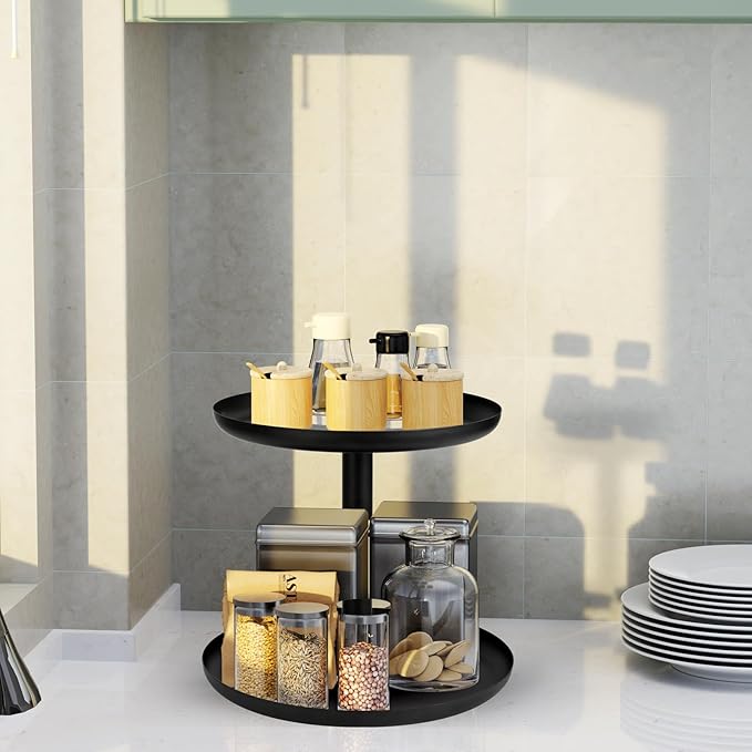 IBERG 2-Tier Metal Lazy Susan Organizer, Black, 9"&10" - Modern, Rotating Spice Organizer for Kitchen & Pantry