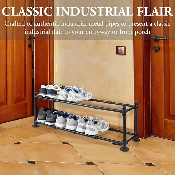 MyGift 2 Tier Rustic Industrial Matte Black Metal Pipe Freestanding Expanding Shoe Rack, Customizable Footwear Storage Organizer Stand, Holds up to 8 Pairs-NeatNest