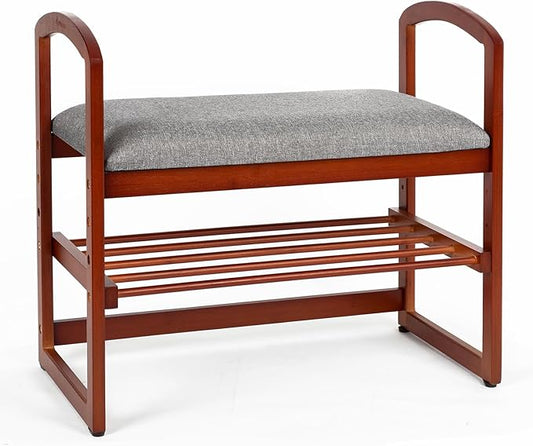 StrongTek Bamboo Shoe Bench, Storage Bench with Armrests & Cushion, Compact Entryway Bench for Seniors, Small Shoe Rack for Living Room, Bedroom, Hallway