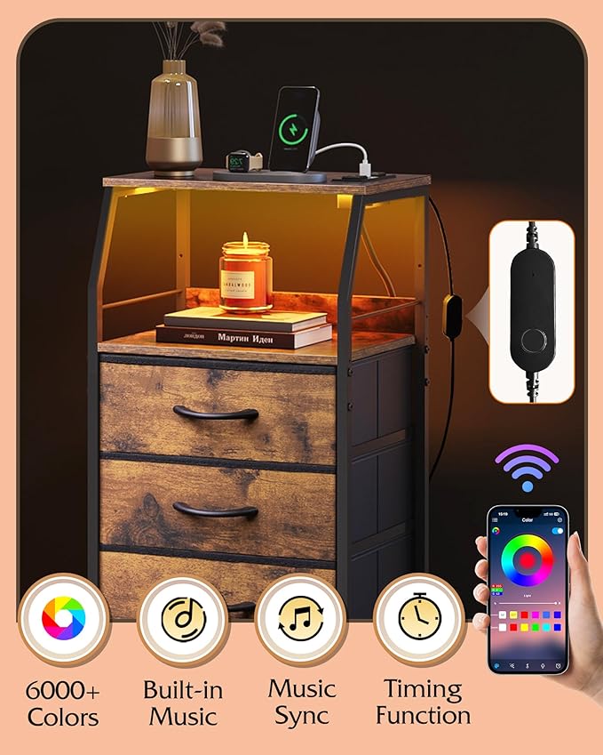 WLIVE LED Nightstand with Charging Station, Fabric Dresser with 5 Drawers for Bedroom, Tall Night Stand with Open Shelves, Bed Side Tables Living Room, Rustic Brown