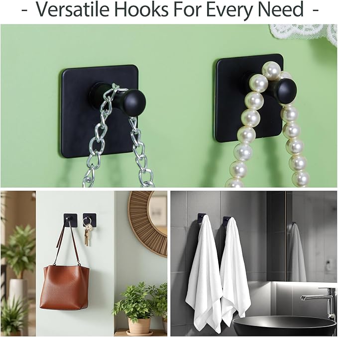 2 Packs Matte Black Adhesive Wall Hooks, Heavy Duty Bathroom Towel Hooks 304 Stainless Steel Waterproof Sticky Towel Holder Shower Hook for Bathroom Kitchen Hanging Hat Robe Coat Bags