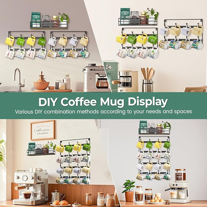 EsLuker.ly Wall Mounted Mug Hanger Rack With Hooks, Coffee Cup Holder Display, Shelf for Kitchen Coffee Bar Organizer, Space-Saving Hanging Storage for 16 Cups, Black-NeatNest