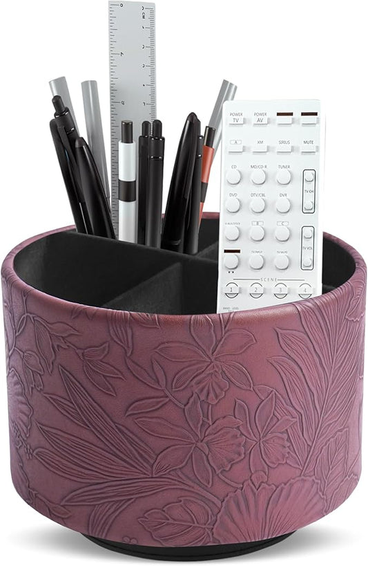 Hennaja Round Leather Art Supply Organizer,Remote Control Holder,360 Degree Spinning,Multi-Functional Pencil Holder,4 Compartments Desktop Stationary Organizer(1-Carved Dark Brown)-NeatNest