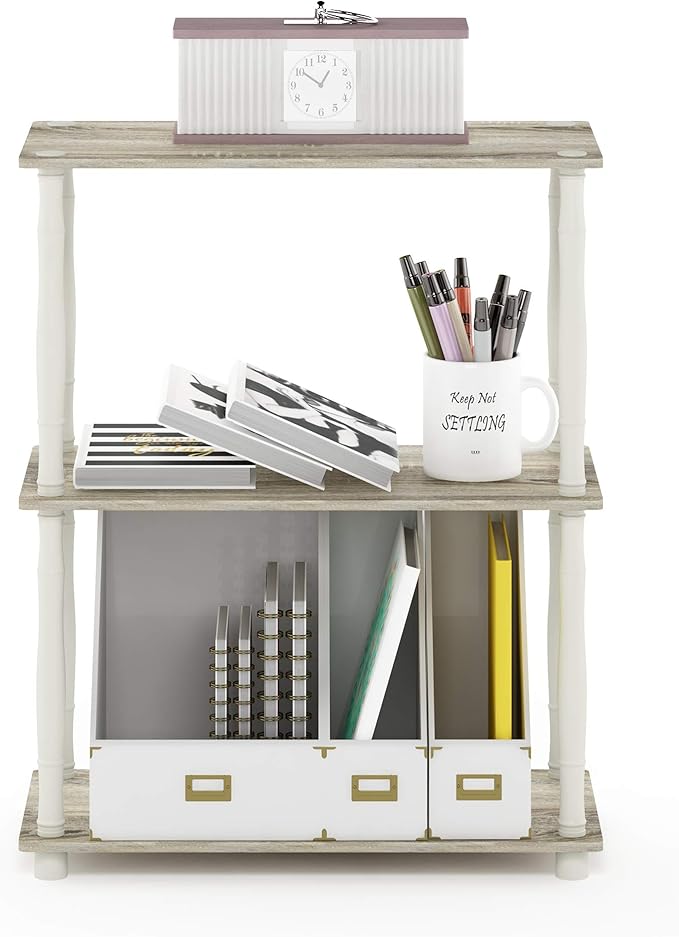 Furinno Turn-N-Tube 3-Tier Compact Multipurpose Shelf Display Rack with Classic Tube, Sonoma Oak/White-NeatNest