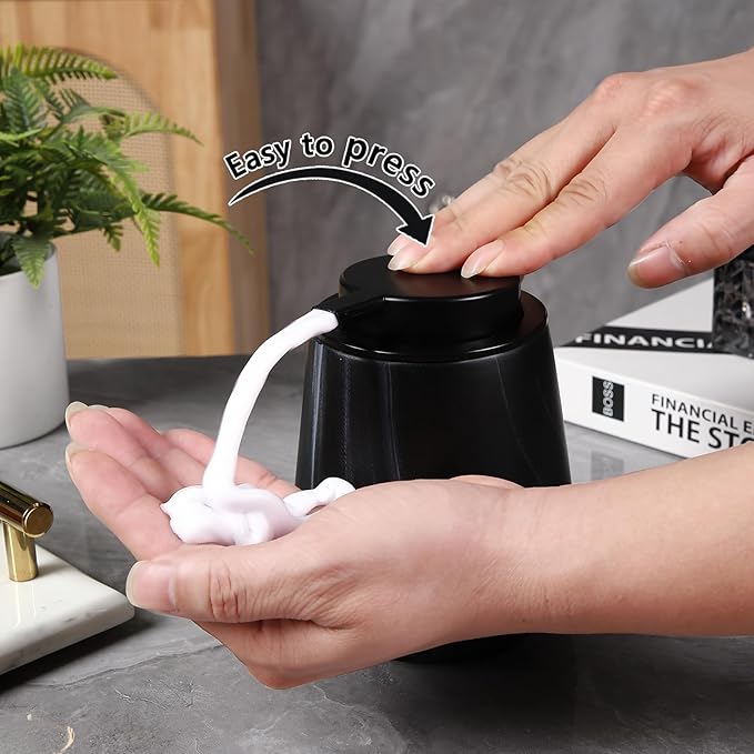 12Oz Foaming Hand Soap Dispenser - Ceramic Bathroom Foam Soap Dispenser with Easy-to-Press Black Pump, Refillable Lotion Hand Soap Dispenser, Dish Soap Dispenser for Kitchen, Marble Black-NeatNest