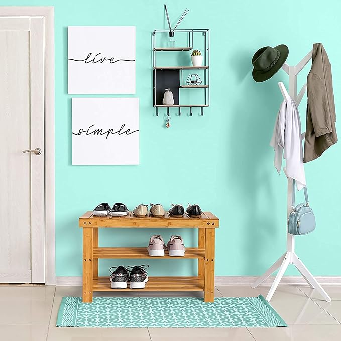 Homemaid Living Bamboo 3 Tier Shoe Rack Small Bench, Outdoor Shoe Rack Weatherproof - Shoe Rack with Bench, Bathroom Bench, Shoe Organizer for Entryway, Hallway, Living Room (Natural Bamboo)-NeatNest