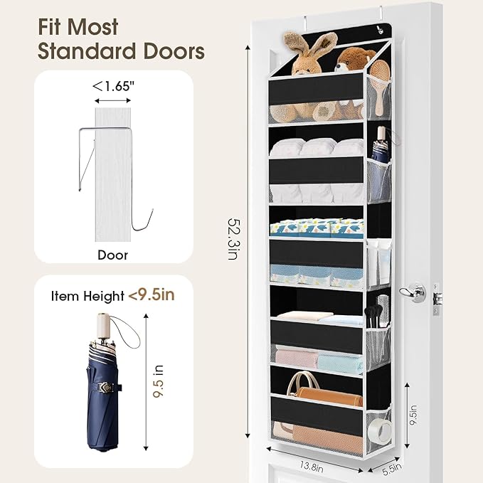 1 Pack Over The Door Organizer, Hanging Storage Organizer with Clear Window, 40lb Ultra Sturdy Large Capacity Room Organizer for Pantry Laundry Bathroom Nursery Closet (Black)-NeatNest