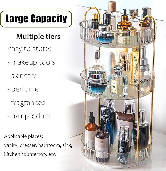 Rotating Makeup Organizer Countertop 3 Tier Lazy Susan Trays Clear Skincare Perfume Storage for Bathroom Counter Vanity, Transparent-NeatNest