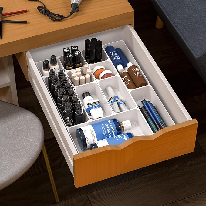 25 pc Plastic Drawer Organizer Set,4 Size Small Storage Containers for Organizing Jewelry,Utensil,Junk,Tea,Makeup,Shallow Drawer Organizers Tray Suitable for Office,Desk,Bathroom,Vanity,Kitchen,White-NeatNest