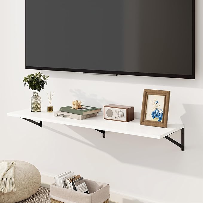 Fun Memories Floating Shelves for Wall, 12 Inch Deep Floating Shelves Set of 2, 48W x 12D Large Wall Shelf with Sturdy Metal Brackets for Living Room, Bathroom, Bedroom and Kitchen, White-NeatNest