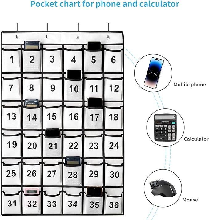 36 Pockets Numbered Classroom Pocket Chart for Cell Phones, Hanging Pocket Chart Storage for Classroom Phone Calculator Holder with 4 Stainless Steel Hooks (White-36pockets)-NeatNest