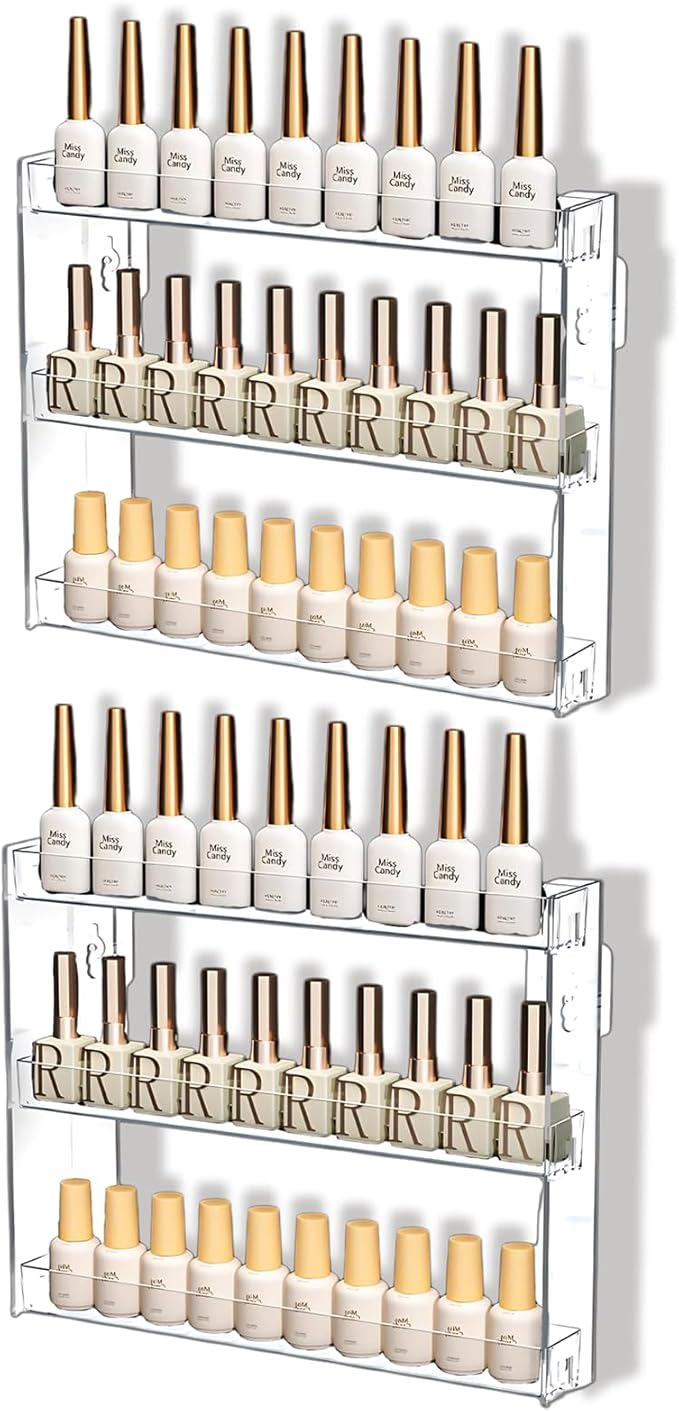 3 Layers Makeup Organizer Wall Mounted, Acrylic Invisible Floating Shelves with Anti-Slip Adhesive Backing, Sunglasses Display Rack, Nail Polish Storage, Clear (2 Pack)-NeatNest