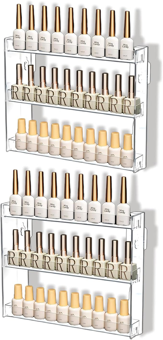 3 Layers Makeup Organizer Wall Mounted, Acrylic Invisible Floating Shelves with Anti-Slip Adhesive Backing, Sunglasses Display Rack, Nail Polish Storage, Clear (2 Pack)-NeatNest