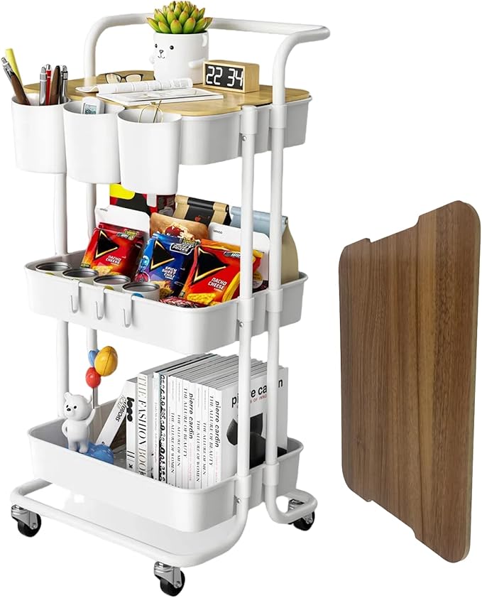 3 Tier Rolling Cart with Metal Handle, Table Top, Hanging Cups, Hooks, Plastic Storage Baskets& Wheels Lockable, Utility Cart for Bathroom Classroom Office Kitchen Pantry Organizers and Storage, White-NeatNest