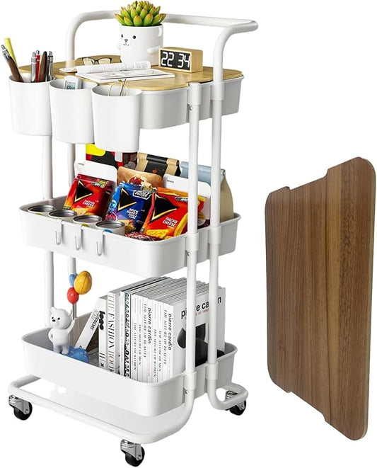 3 Tier Rolling Cart with Metal Handle, Table Top, Hanging Cups, Hooks, Plastic Storage Baskets& Wheels Lockable, Utility Cart for Bathroom Classroom Office Kitchen Pantry Organizers and Storage, White-NeatNest