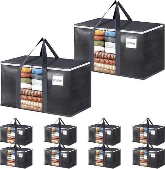 HomeHacks 10 Pack Extra Large Moving Bags with Visual PVC Window & Zippers, Storage Totes with Reinforced Handles, Heavy Duty Storage Bags for Packing, Moving, Storage (76L,Grey)