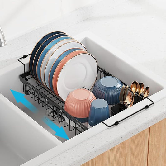 iSPECLE Expandable in Sink Dish Drying Rack - Adjustable Capacity Large Over The Sink Dish Drainer Drying Rack, Dish Rack with Utensil Holder, Black