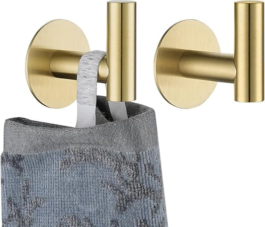 JQK Self Adhesive Towel Hook Gold, No Drill Stick on Coat Robe Clothes Wall Hook for Bathroom Kitchen Garage 2 Pack, 304 Stainless Steel Brushed Gold, ATH110-BG-P2