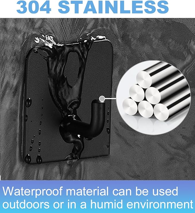 5 Pcs Towel Hooks with Removable Strips for Hanging，Adhesive Wall Hooks Heavy Duty，Outdoor Hooks No Damage，Sticky Hooks for Bathrooms，Shower，Stockings，Decor，Robe，Medium，Black 304 Stainless Steel