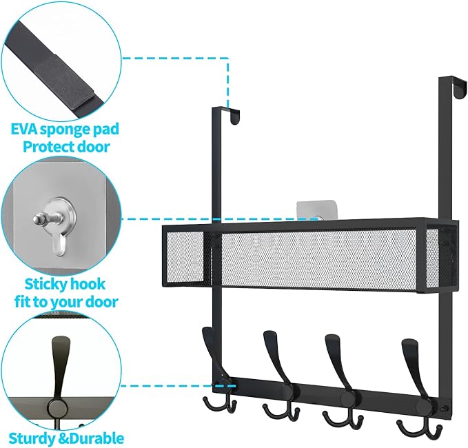 Over The Door Hooks Organizer,Over Door Hanger Towel Rack Mesh Basket with 12 Hooks,Back of Door Storage Organizer for Bedroom,Bathroom,Kitchen,Office(Black)